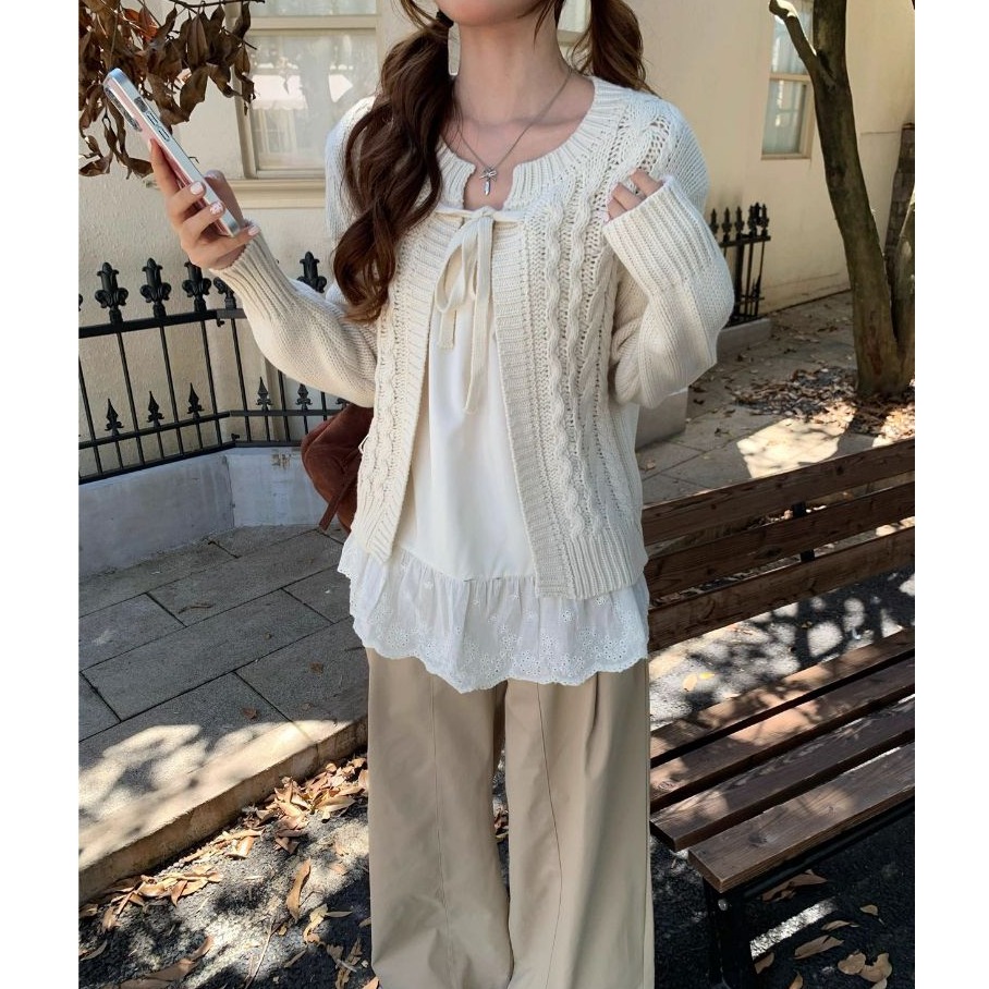 bunny_stall 溫柔的鄰家女孩❄️細緻的綁帶麻花針織罩衫/5Colors-細節圖3