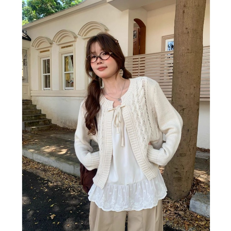 bunny_stall 溫柔的鄰家女孩❄️細緻的綁帶麻花針織罩衫/5Colors-細節圖4