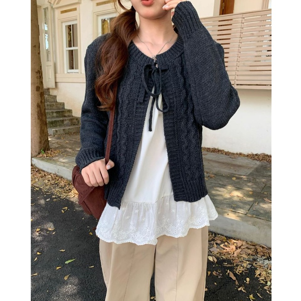 bunny_stall 溫柔的鄰家女孩❄️細緻的綁帶麻花針織罩衫/5Colors-細節圖5