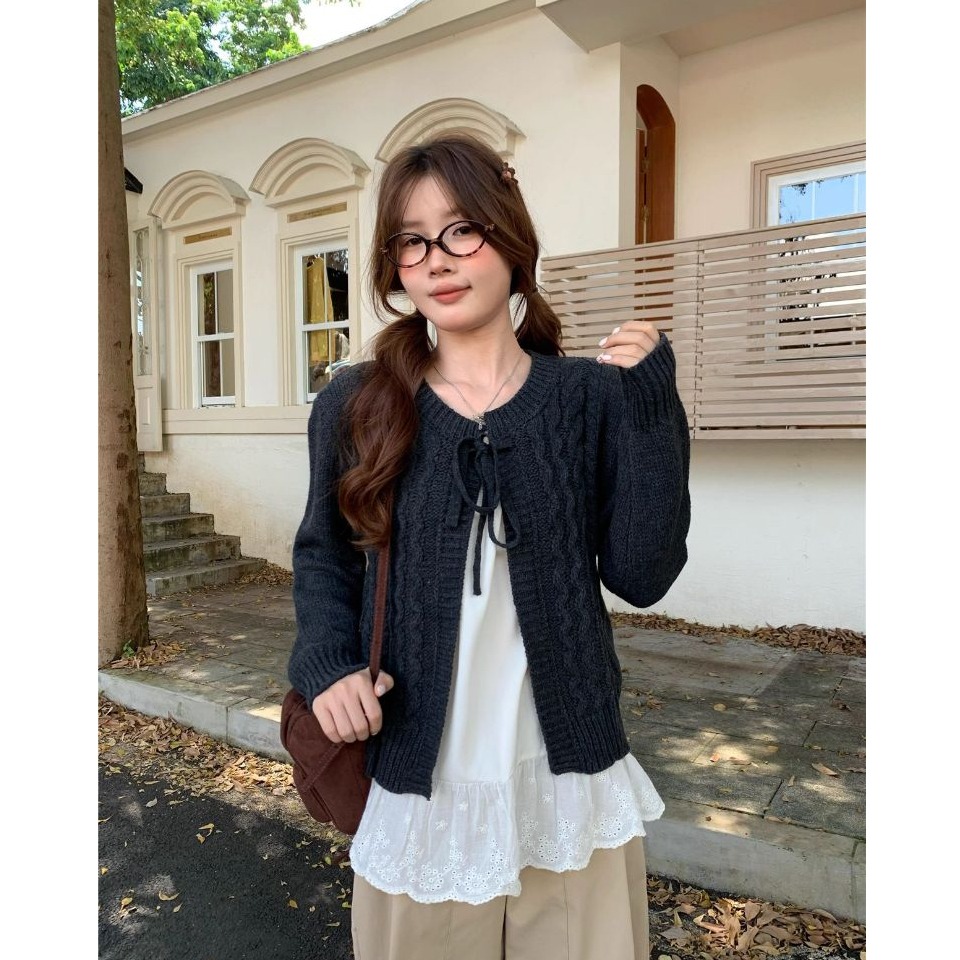 bunny_stall 溫柔的鄰家女孩❄️細緻的綁帶麻花針織罩衫/5Colors-細節圖6