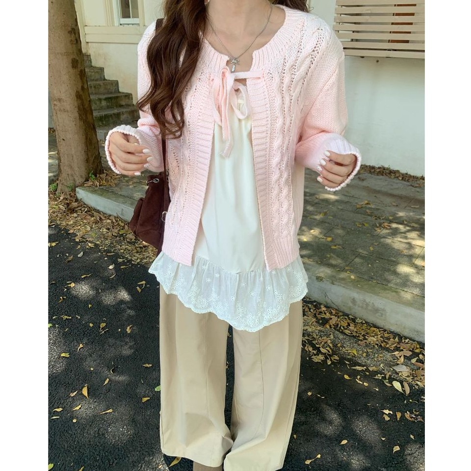 bunny_stall 溫柔的鄰家女孩❄️細緻的綁帶麻花針織罩衫/5Colors-細節圖7