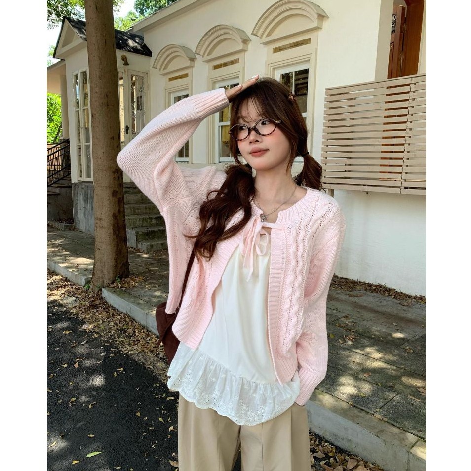 bunny_stall 溫柔的鄰家女孩❄️細緻的綁帶麻花針織罩衫/5Colors-細節圖8