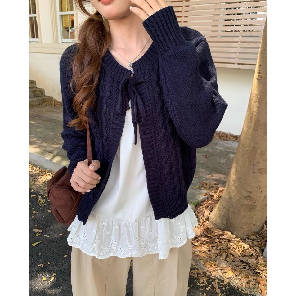 bunny_stall 溫柔的鄰家女孩❄️細緻的綁帶麻花針織罩衫/5Colors-細節圖9