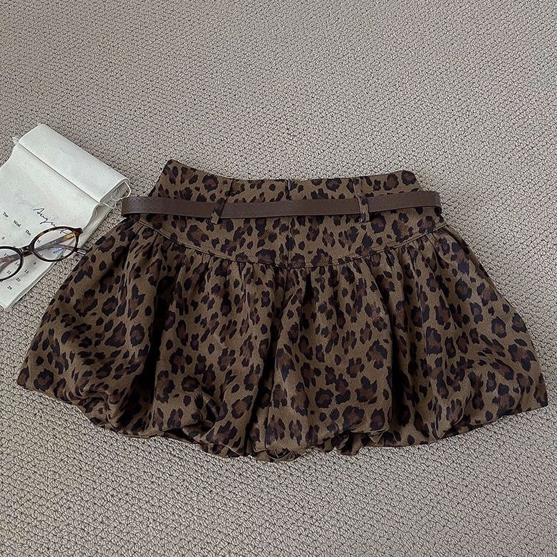 bunny_stall 美式復古時髦感豹紋花苞短裙/有內襯/附腰帶/S-L-細節圖5