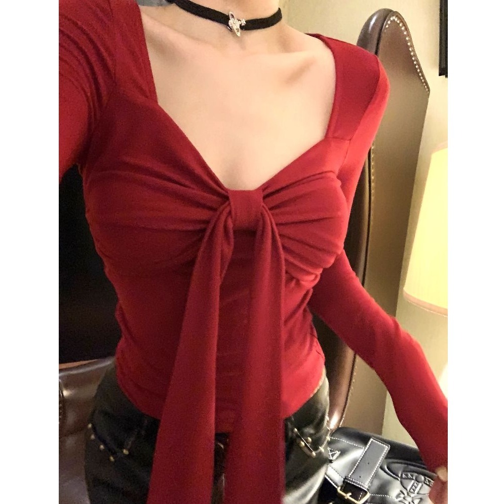 bunny_stall 莫代爾親膚款！穿起來修身顯瘦的蝴蝶結方領長袖上衣/S-L-細節圖2