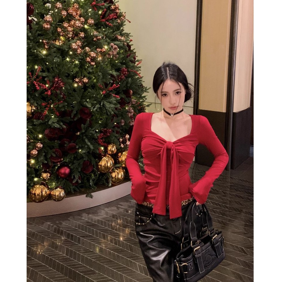 bunny_stall 莫代爾親膚款！穿起來修身顯瘦的蝴蝶結方領長袖上衣/S-L-細節圖4