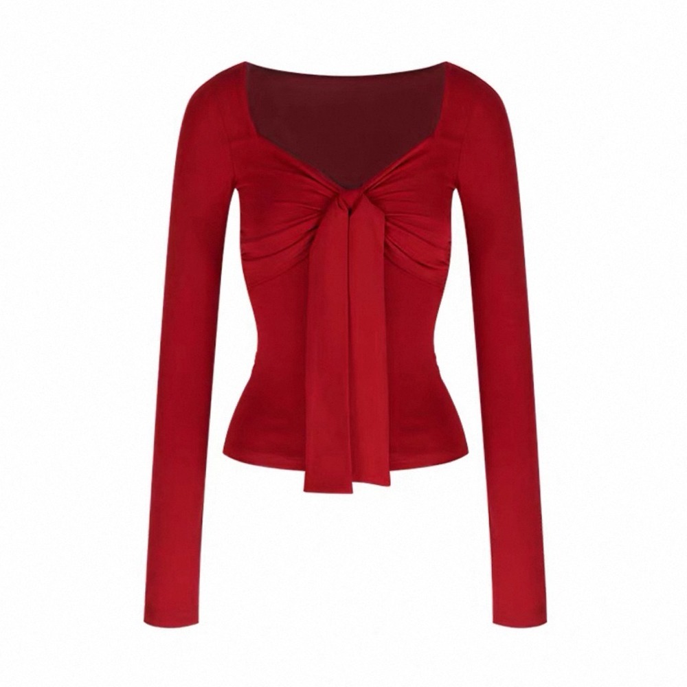 bunny_stall 莫代爾親膚款！穿起來修身顯瘦的蝴蝶結方領長袖上衣/S-L-規格圖8
