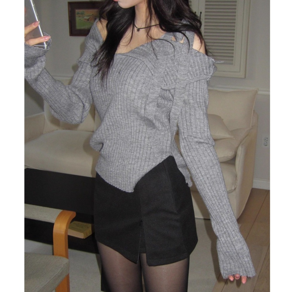 bunny_stall 秋冬氛圍🍁小眾設計款不對稱蝴蝶結綁帶針織衫/S-L-細節圖2