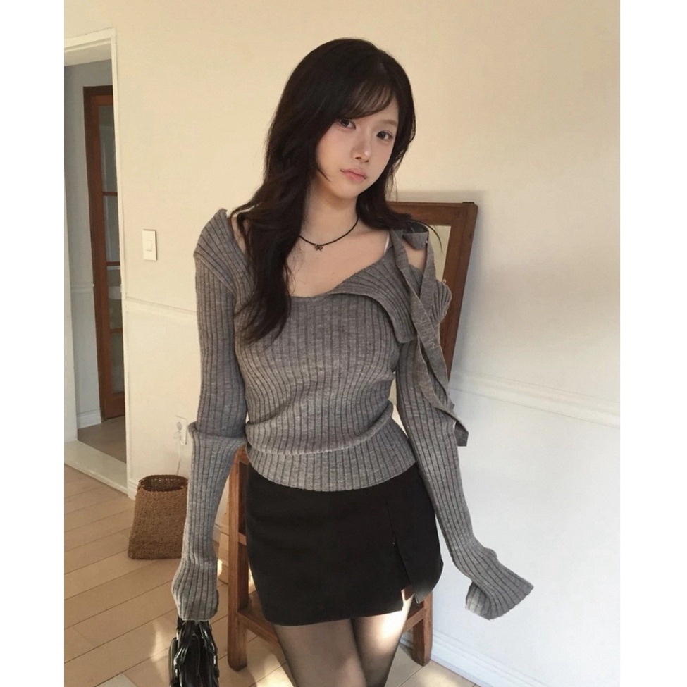bunny_stall 秋冬氛圍🍁小眾設計款不對稱蝴蝶結綁帶針織衫/S-L-細節圖5
