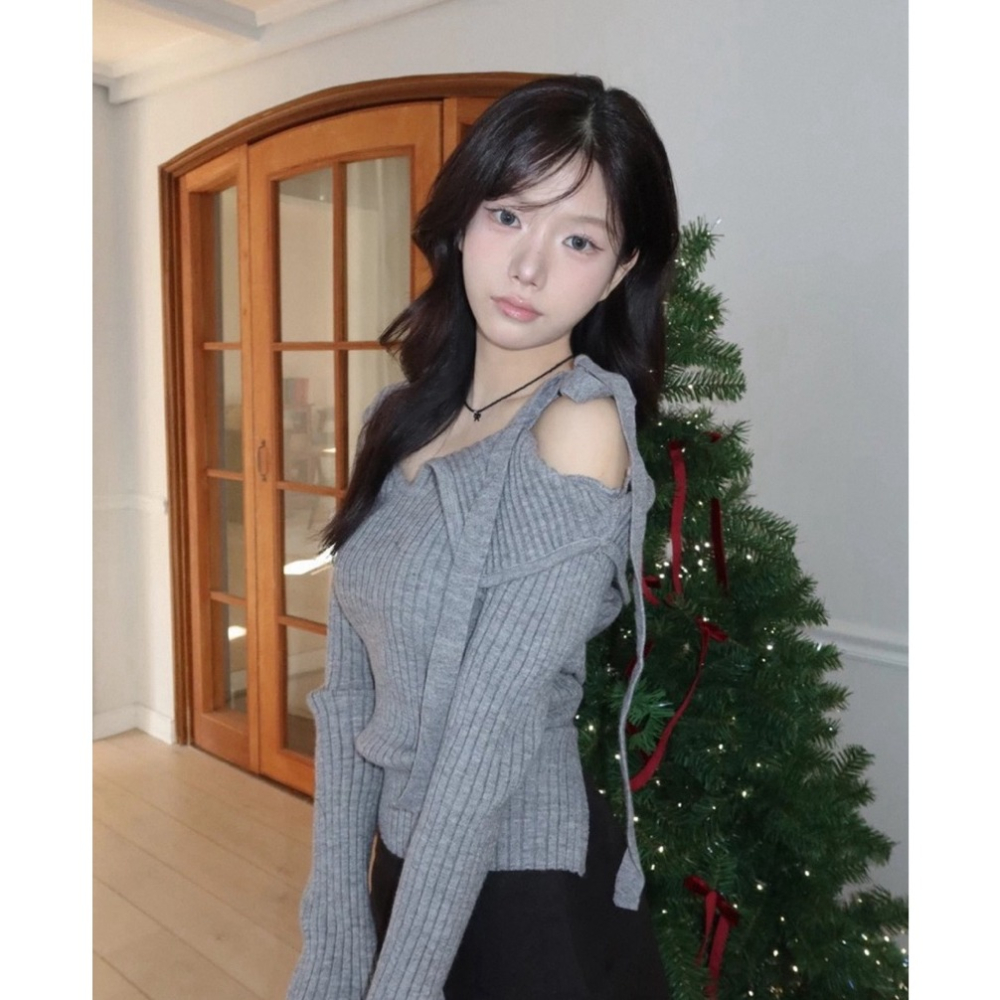 bunny_stall 秋冬氛圍🍁小眾設計款不對稱蝴蝶結綁帶針織衫/S-L-細節圖6