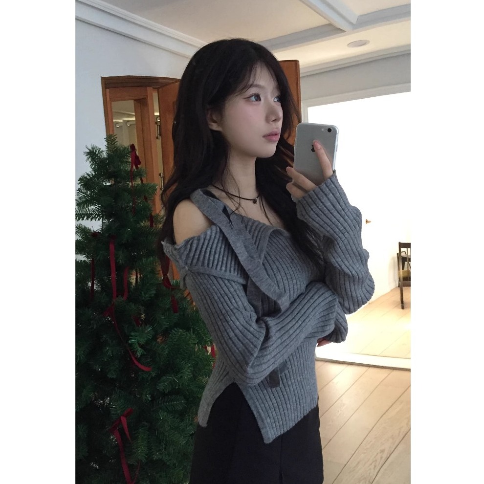 bunny_stall 秋冬氛圍🍁小眾設計款不對稱蝴蝶結綁帶針織衫/S-L-細節圖7