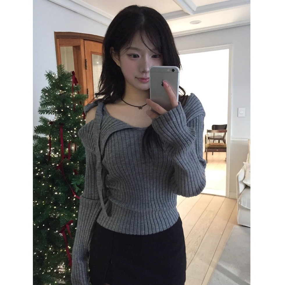 bunny_stall 秋冬氛圍🍁小眾設計款不對稱蝴蝶結綁帶針織衫/S-L-細節圖8