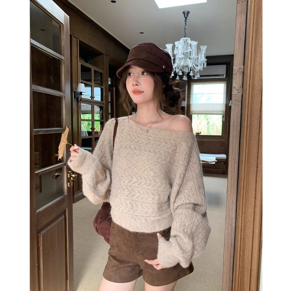 bunny_stall 柔軟親膚的蝙蝠袖微露肩麻花針織衫/3Colors-細節圖2