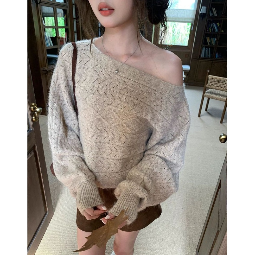 bunny_stall 柔軟親膚的蝙蝠袖微露肩麻花針織衫/3Colors-細節圖3