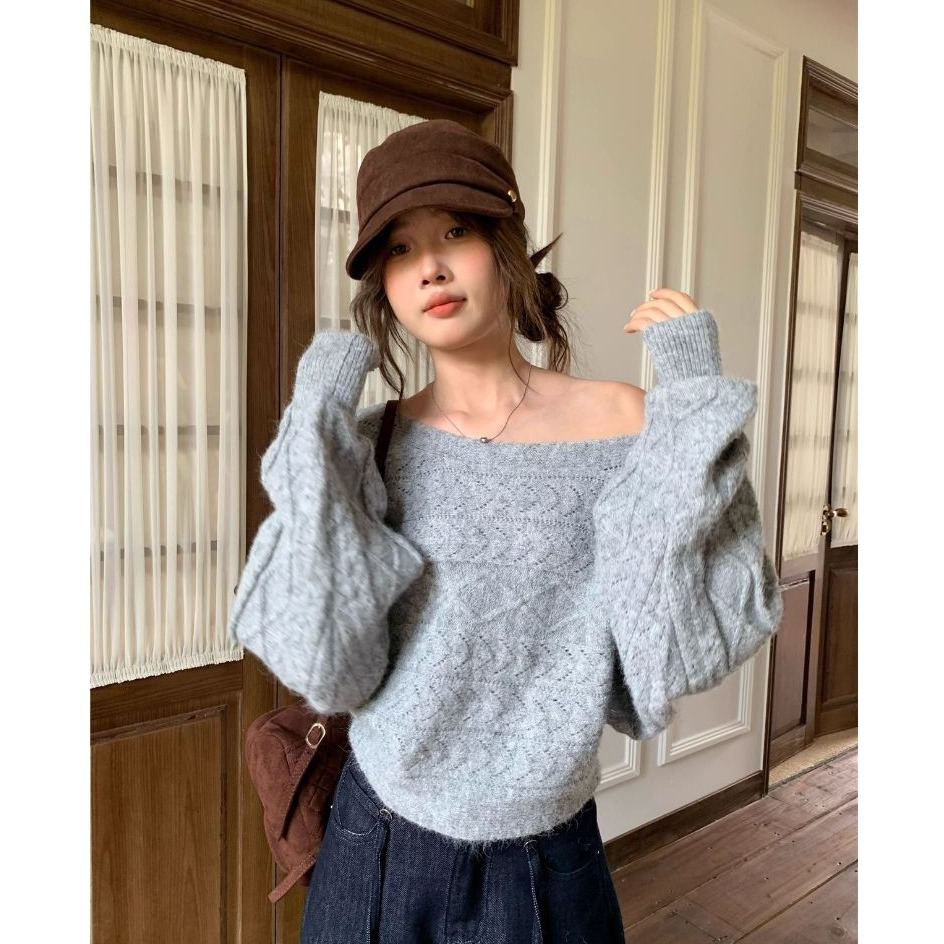 bunny_stall 柔軟親膚的蝙蝠袖微露肩麻花針織衫/3Colors-細節圖4