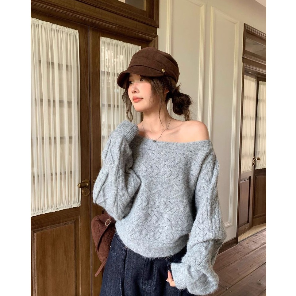 bunny_stall 柔軟親膚的蝙蝠袖微露肩麻花針織衫/3Colors-細節圖5