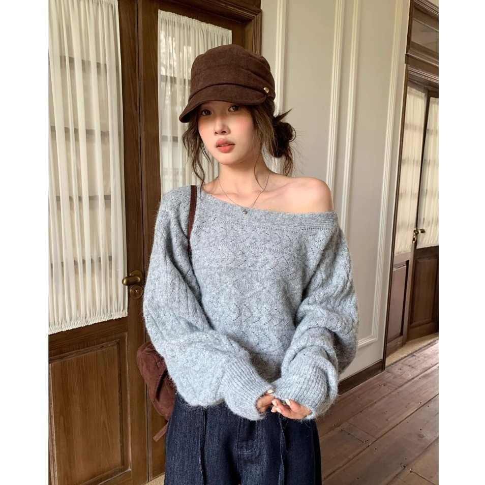 bunny_stall 柔軟親膚的蝙蝠袖微露肩麻花針織衫/3Colors-細節圖6