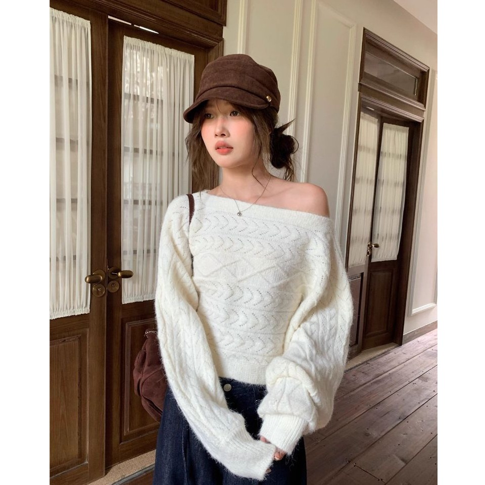 bunny_stall 柔軟親膚的蝙蝠袖微露肩麻花針織衫/3Colors-細節圖8