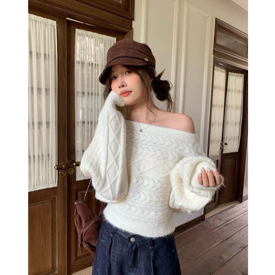 bunny_stall 柔軟親膚的蝙蝠袖微露肩麻花針織衫/3Colors-細節圖9