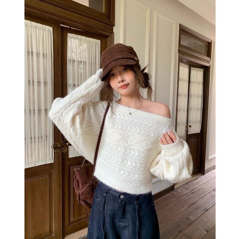 bunny_stall 柔軟親膚的蝙蝠袖微露肩麻花針織衫/3Colors-規格圖9