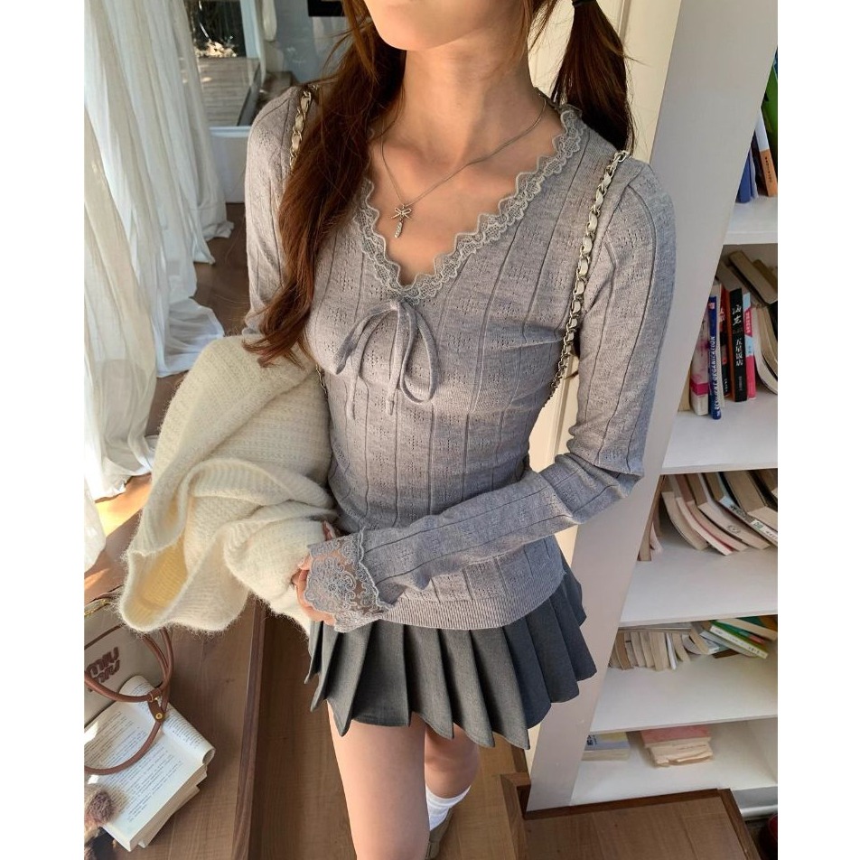 bunny_stall 暮雪私語🤍親膚柔軟的蕾絲花邊V領針織衫/S-L-細節圖5