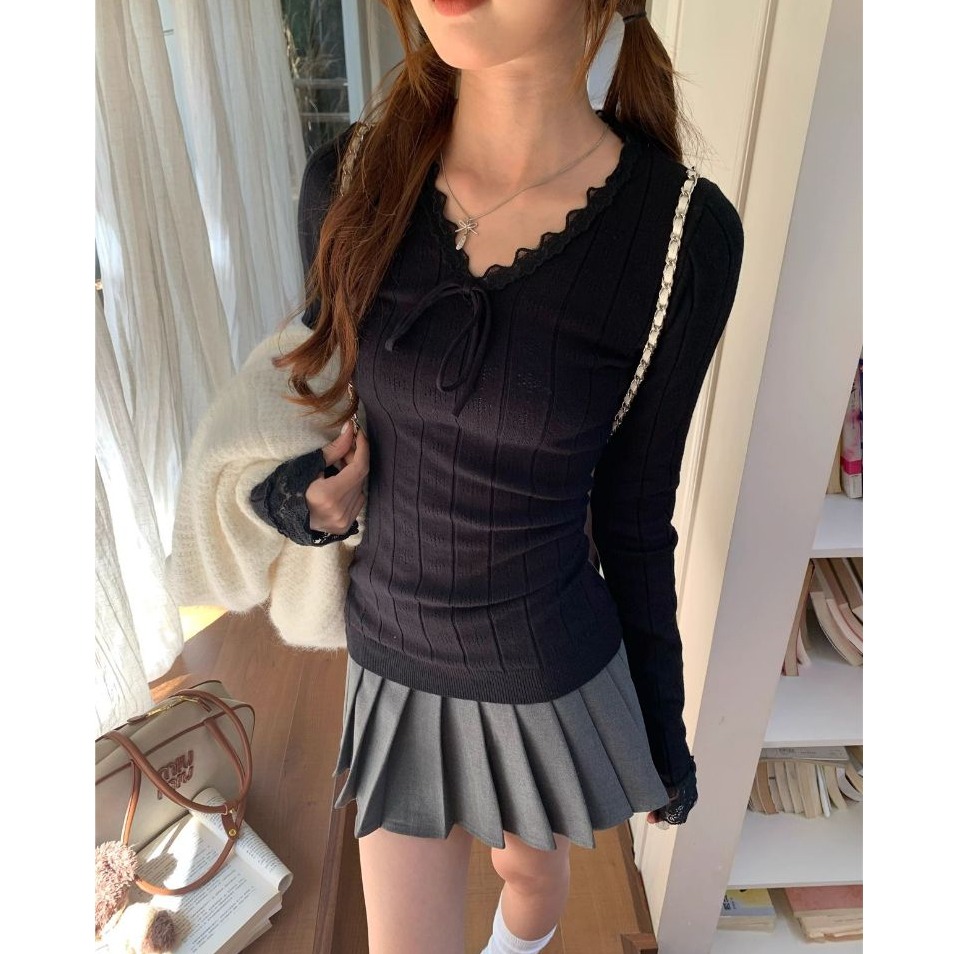 bunny_stall 暮雪私語🤍親膚柔軟的蕾絲花邊V領針織衫/S-L-細節圖7