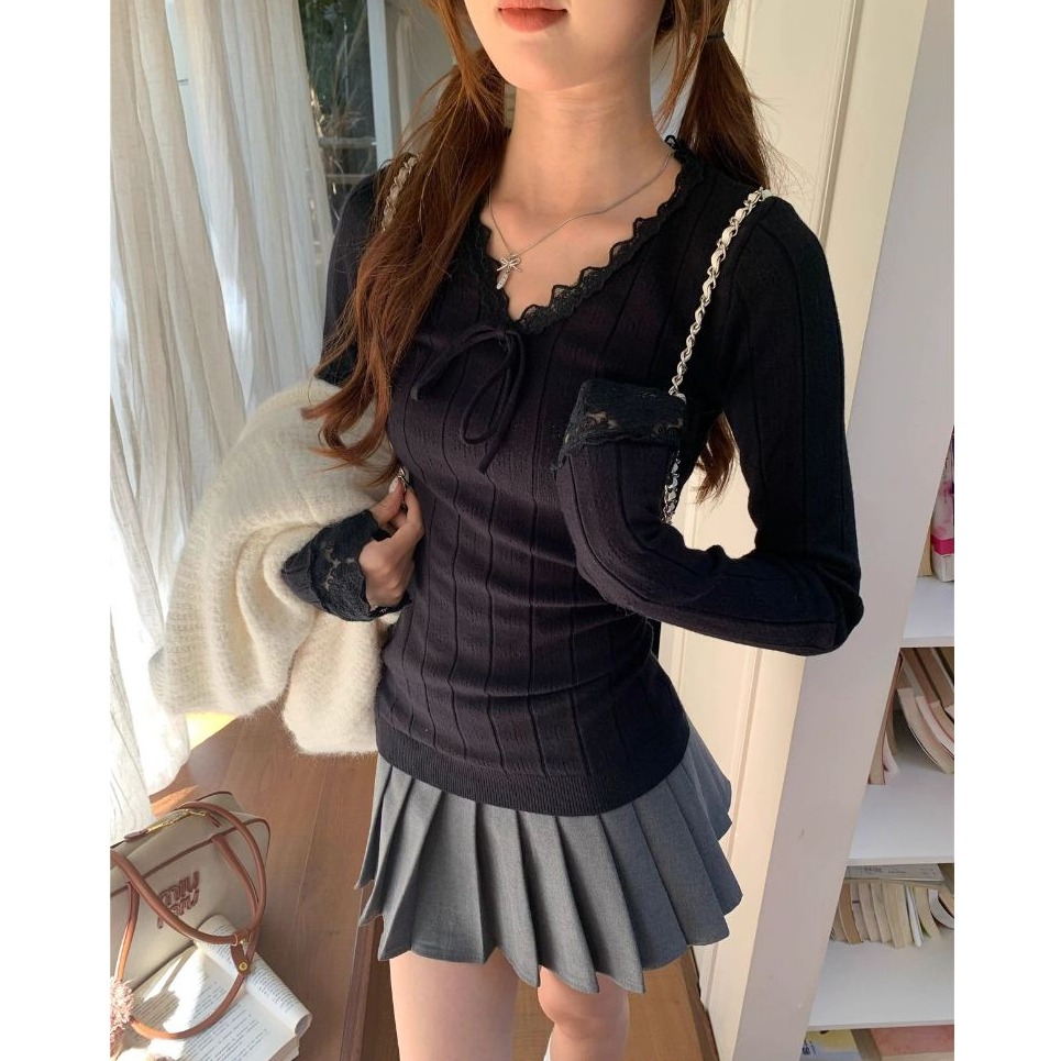 bunny_stall 暮雪私語🤍親膚柔軟的蕾絲花邊V領針織衫/S-L-細節圖8