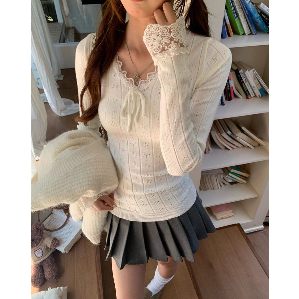 bunny_stall 暮雪私語🤍親膚柔軟的蕾絲花邊V領針織衫/S-L-規格圖9