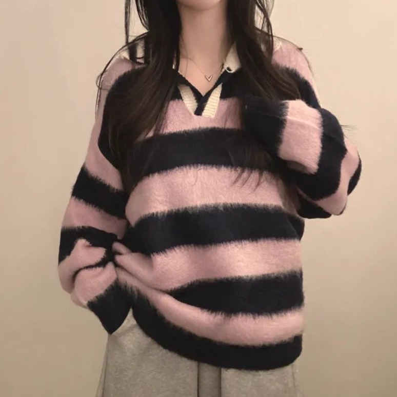 bunny_stall 軟糯糯又親膚的經典條紋Polo領針織毛衣/4Colors-細節圖2