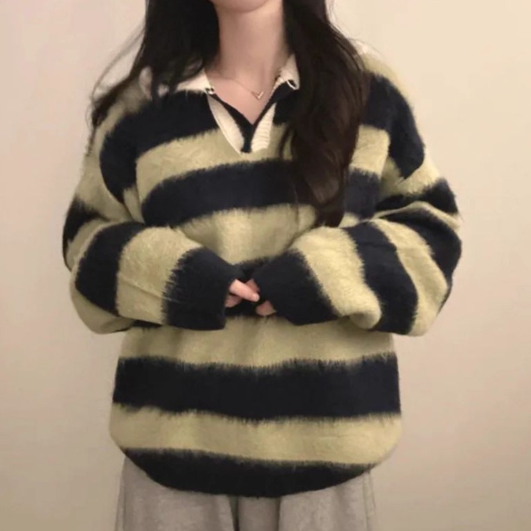 bunny_stall 軟糯糯又親膚的經典條紋Polo領針織毛衣/4Colors-細節圖5