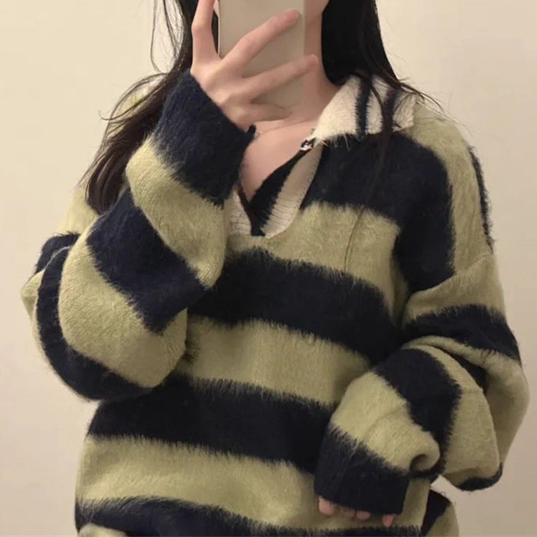 bunny_stall 軟糯糯又親膚的經典條紋Polo領針織毛衣/4Colors-細節圖6