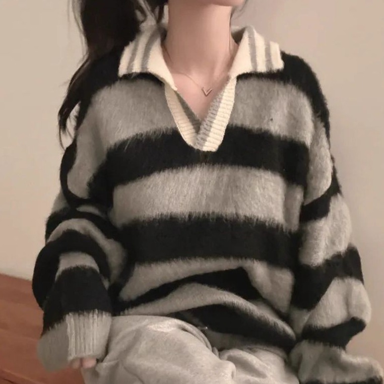 bunny_stall 軟糯糯又親膚的經典條紋Polo領針織毛衣/4Colors-細節圖7