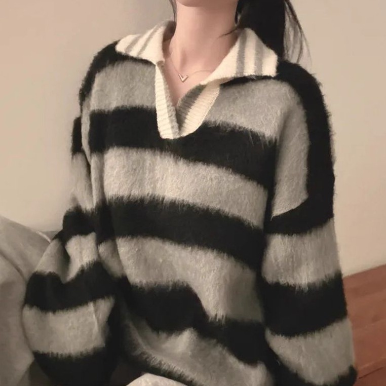 bunny_stall 軟糯糯又親膚的經典條紋Polo領針織毛衣/4Colors-細節圖8