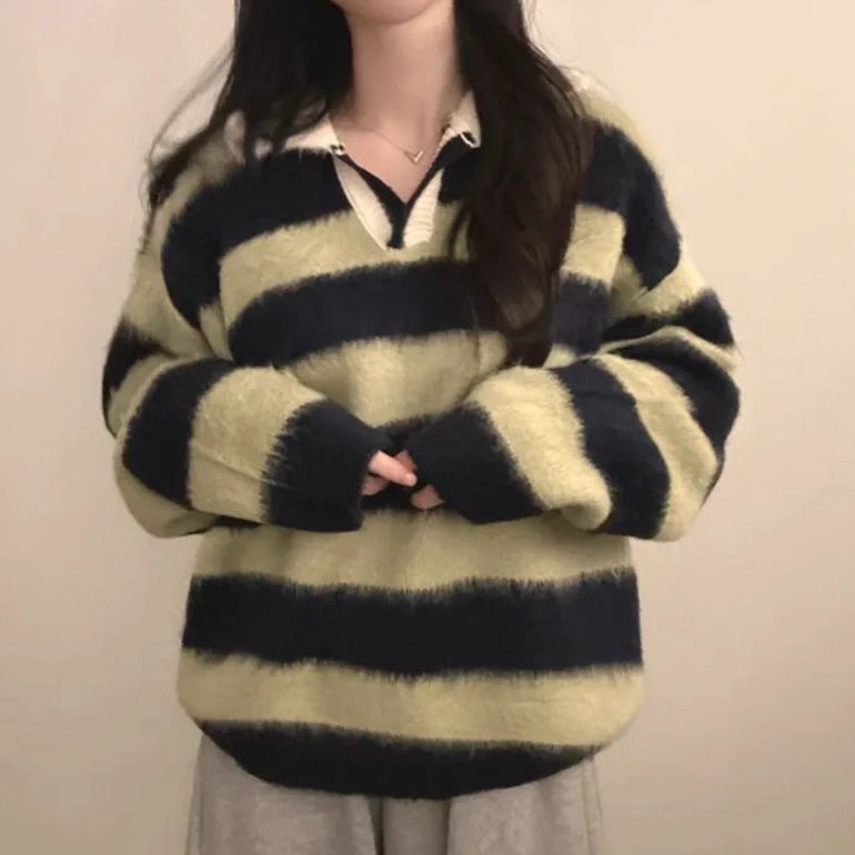 bunny_stall 軟糯糯又親膚的經典條紋Polo領針織毛衣/4Colors-規格圖8