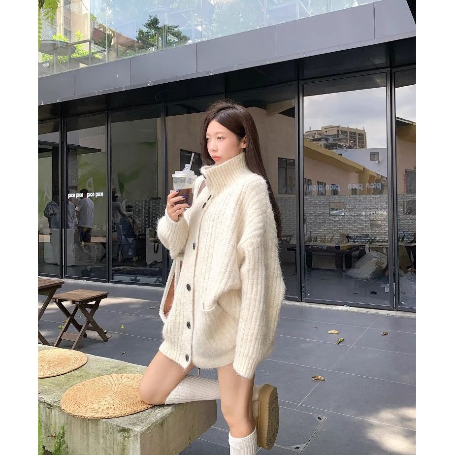 bunny_stall 單穿沒問題💕寬鬆顯瘦的雙口袋立領排扣針織外套/3Colors-細節圖3