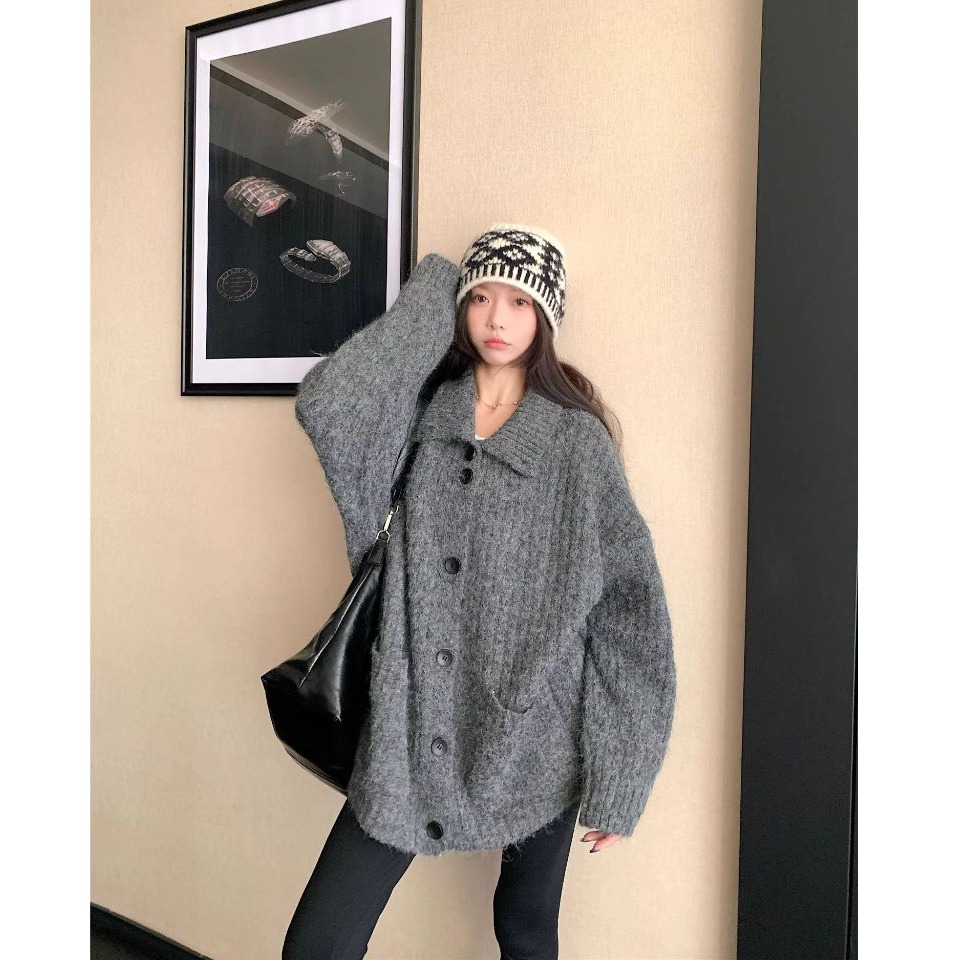 bunny_stall 單穿沒問題💕寬鬆顯瘦的雙口袋立領排扣針織外套/3Colors-細節圖5