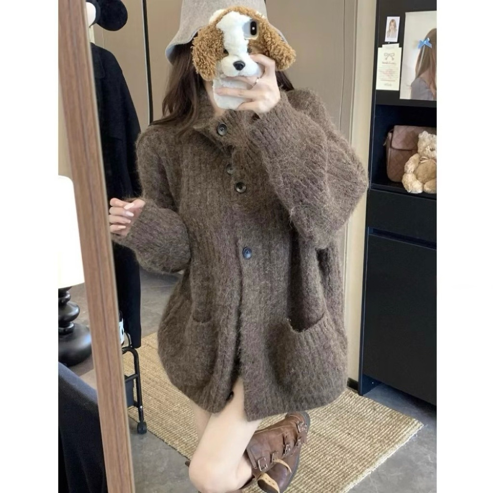 bunny_stall 單穿沒問題💕寬鬆顯瘦的雙口袋立領排扣針織外套/3Colors-細節圖9