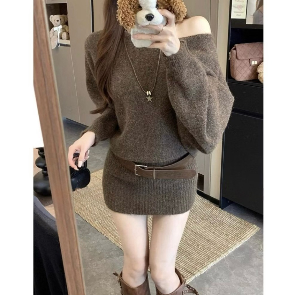 bunny_stall 厚實款✔️慵柔曲線微露肩包臀針織連身裙/附皮帶-細節圖3