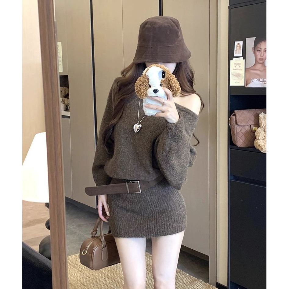 bunny_stall 厚實款✔️慵柔曲線微露肩包臀針織連身裙/附皮帶-細節圖4