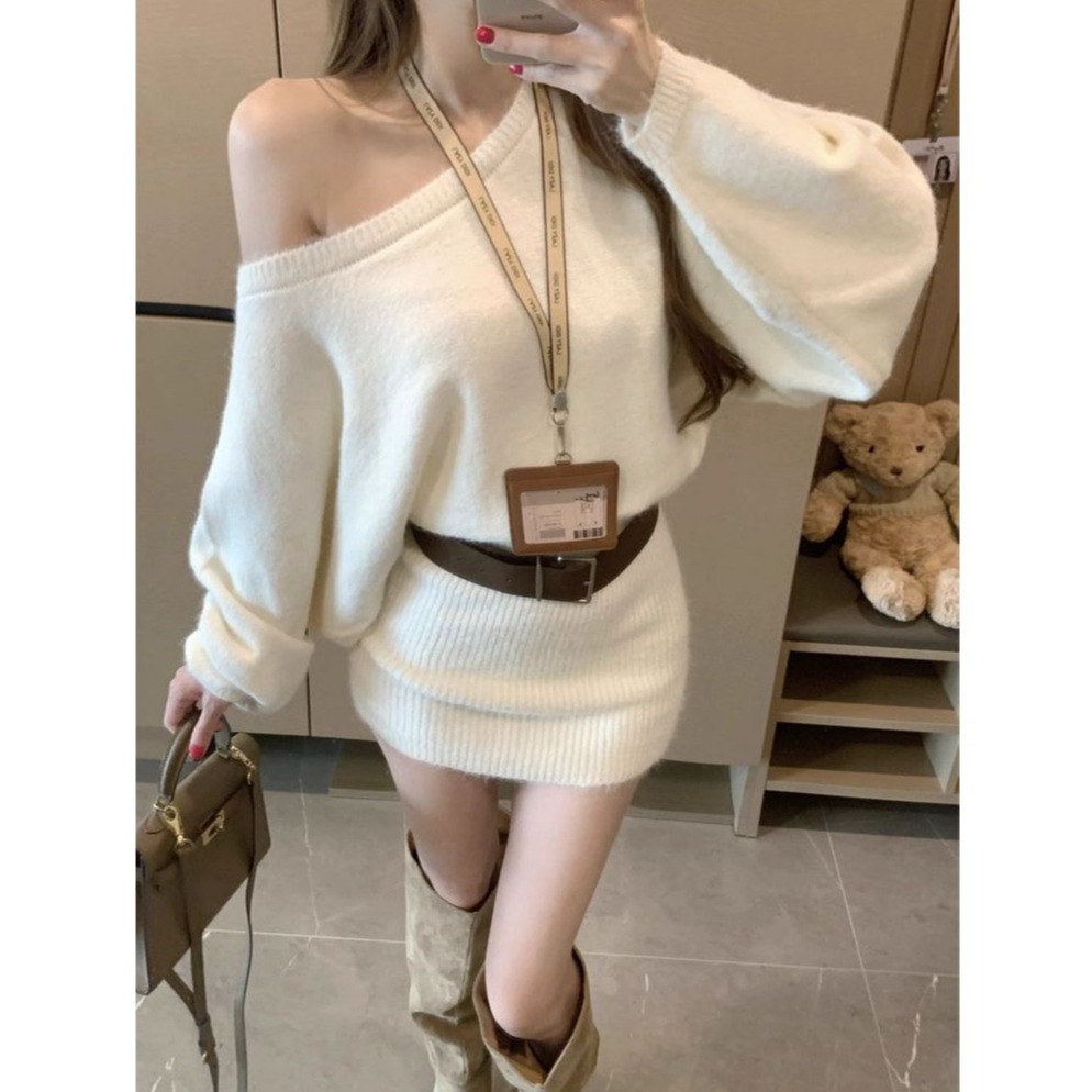 bunny_stall 厚實款✔️慵柔曲線微露肩包臀針織連身裙/附皮帶-細節圖5