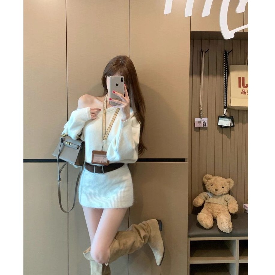 bunny_stall 厚實款✔️慵柔曲線微露肩包臀針織連身裙/附皮帶-細節圖6