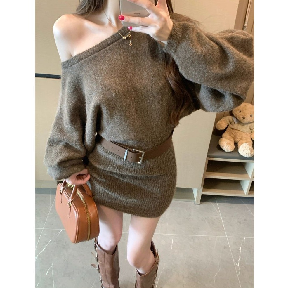 bunny_stall 厚實款✔️慵柔曲線微露肩包臀針織連身裙/附皮帶-規格圖7