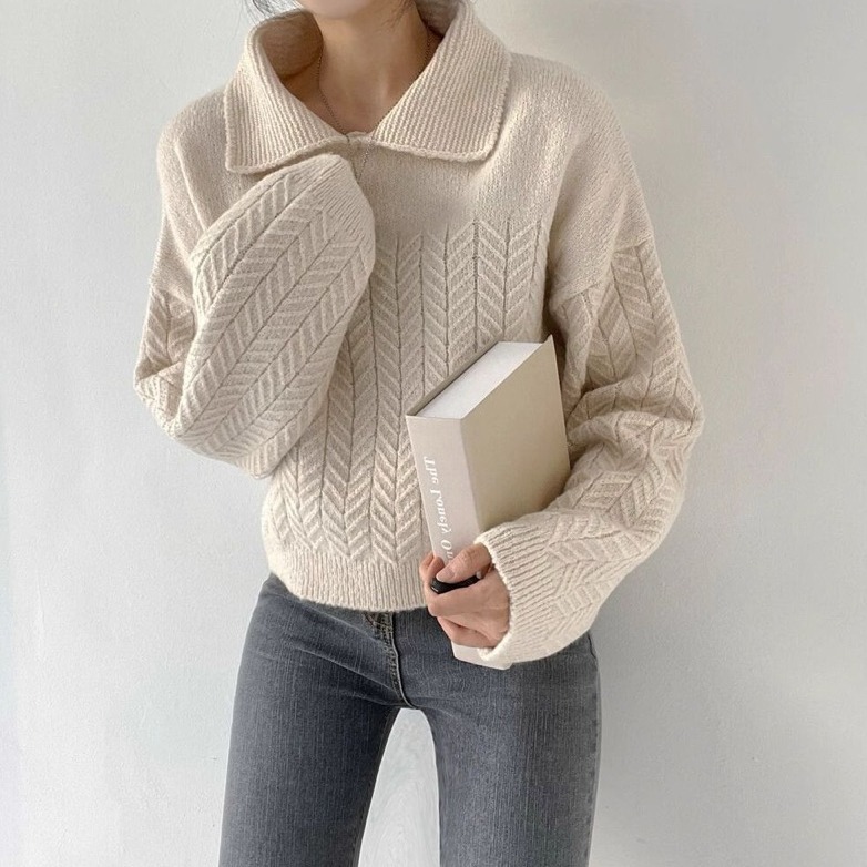 bunny_stall (現貨)🤎秋日裡的氛圍感翻領麻花針織毛衣/3Colors-細節圖2