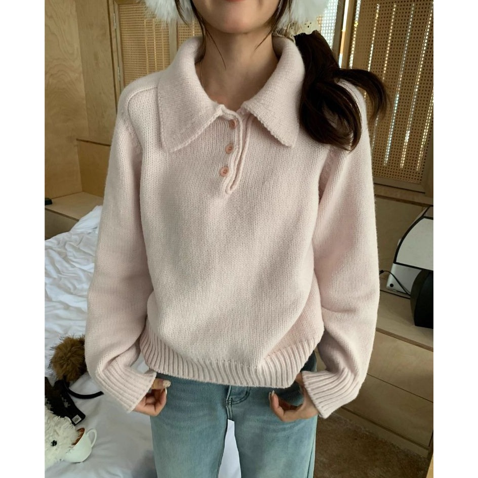 bunny_stall 輕盈柔軟的奶油色調三粒扣Polo領針織毛衣/7Colors-細節圖2