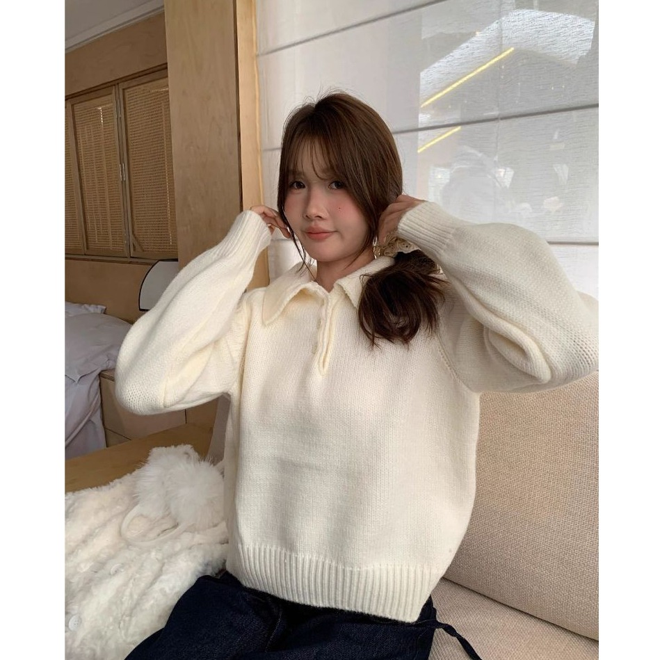 bunny_stall 輕盈柔軟的奶油色調三粒扣Polo領針織毛衣/7Colors-細節圖4