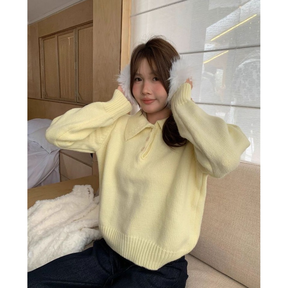 bunny_stall 輕盈柔軟的奶油色調三粒扣Polo領針織毛衣/7Colors-細節圖7