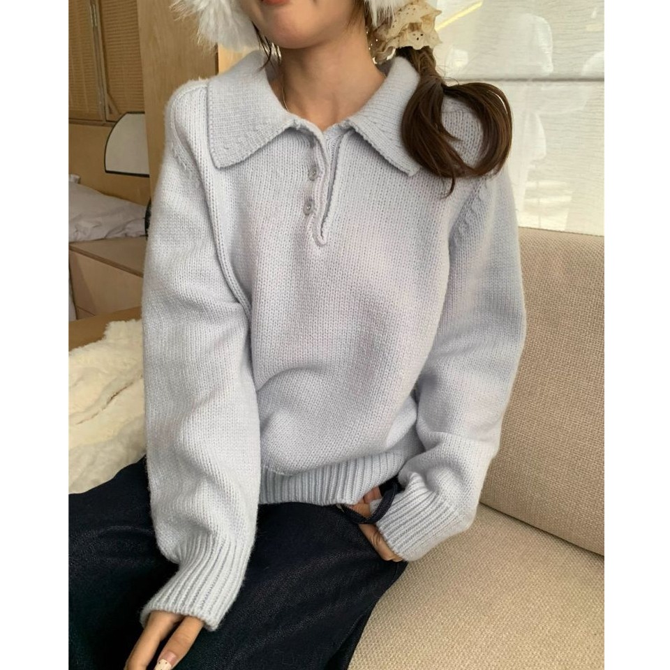 bunny_stall 輕盈柔軟的奶油色調三粒扣Polo領針織毛衣/7Colors-細節圖9