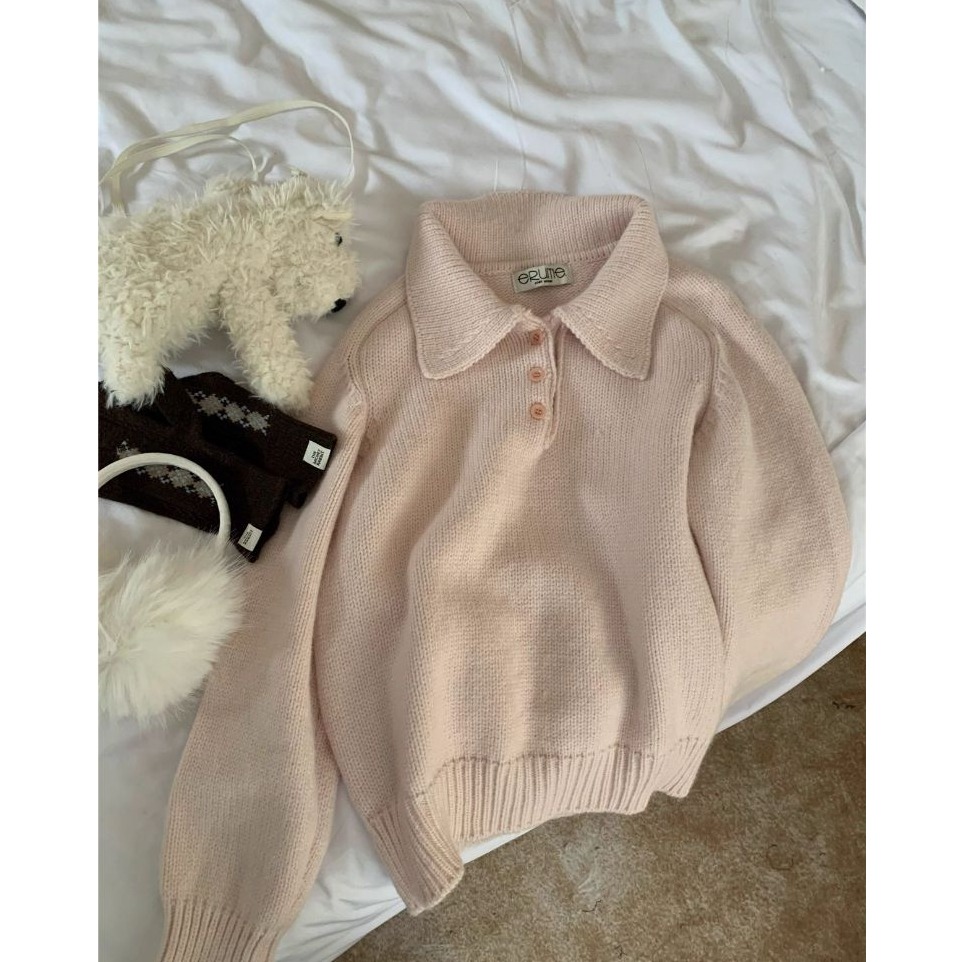 bunny_stall 輕盈柔軟的奶油色調三粒扣Polo領針織毛衣/7Colors-規格圖9