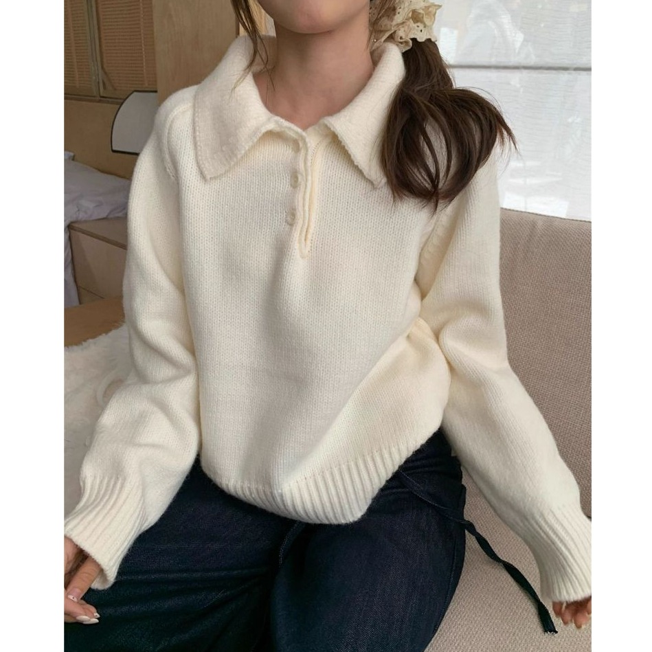 bunny_stall 輕盈柔軟的奶油色調三粒扣Polo領針織毛衣/7Colors-規格圖9
