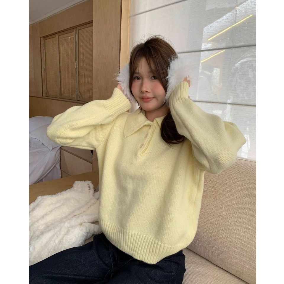 bunny_stall 輕盈柔軟的奶油色調三粒扣Polo領針織毛衣/7Colors-規格圖9